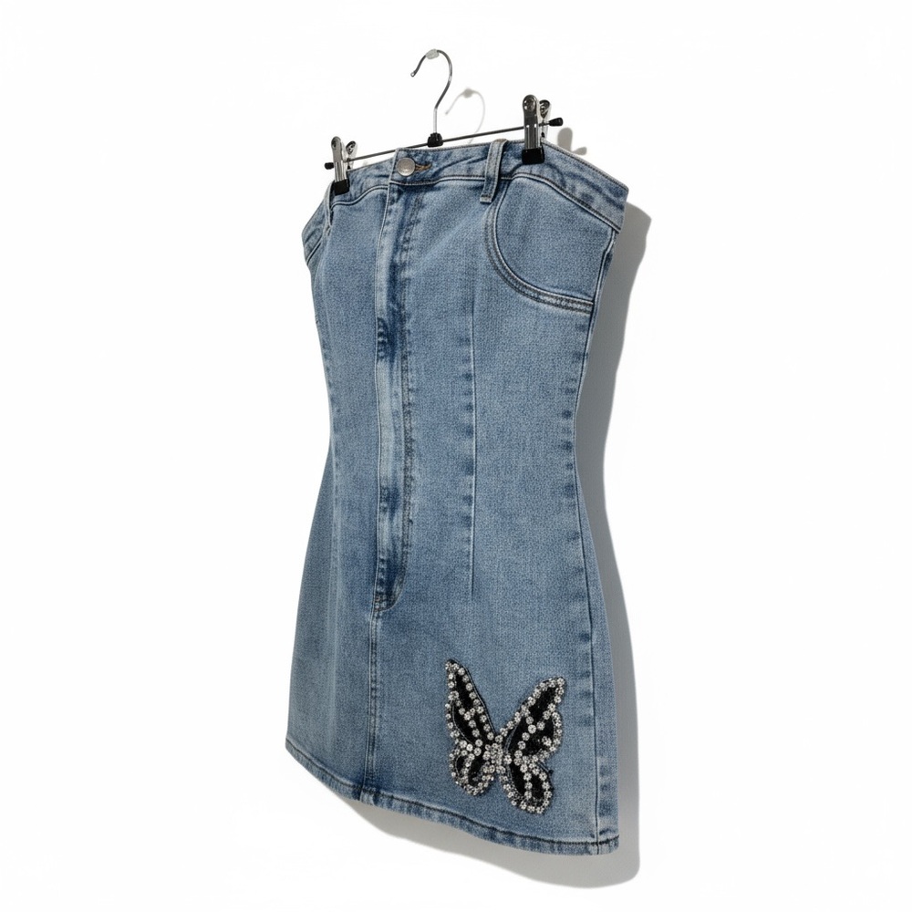 Akira Butterfly Kiss Embellished Denim Mini Tube Dress Sz M - Picture 3 of 11